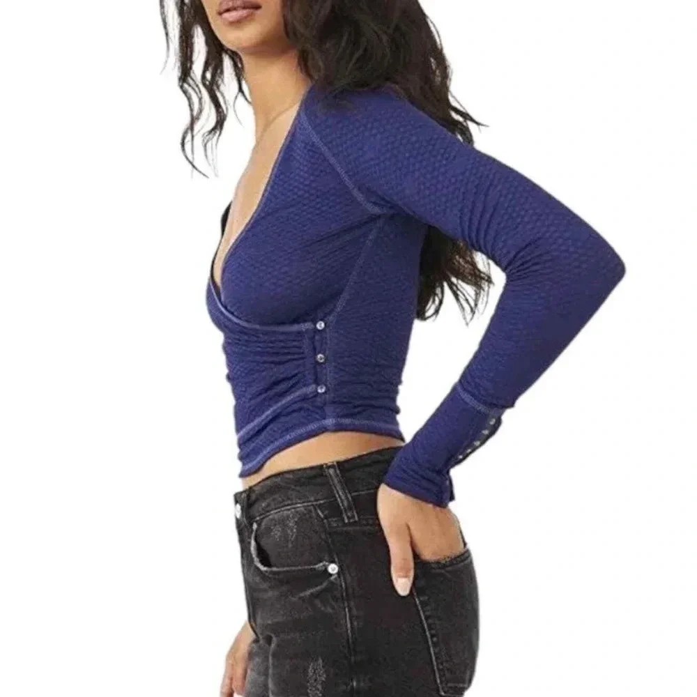 Free People Women's Ink Combo Front Wrap Long Sleeve Penny Blouse Top
